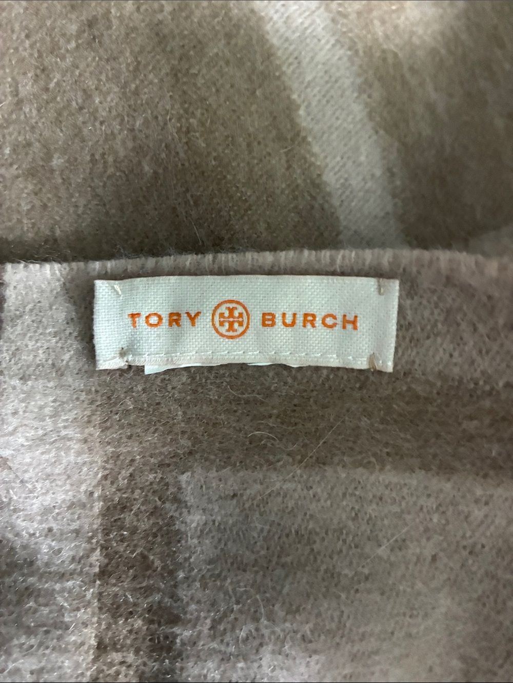 Tory Burch Neutral Plaid Wool Scarf with Logo Tag.